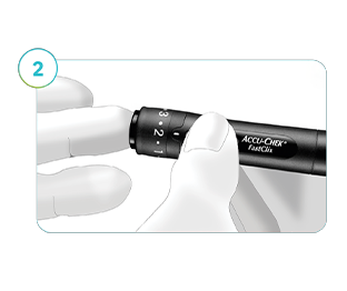 The image depicts a lancing device used on a finger to get a glucose reading to calibrate the Accu-Chek SmartGuide CGM solution.